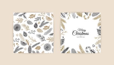 Kış bitkileriyle Noel çerçevesi. Botanik illüstrasyon.