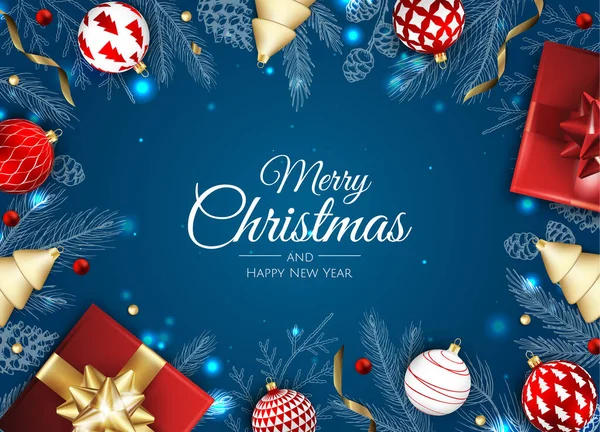Merry Christmas and Happy New Year Holiday. Xmas design with realistic vector 3d objects, golden christmass ball, snowflake, glitter gold confetti. — Stock Vector