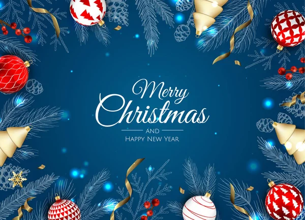 Feliz Navidad y Feliz Año Nuevo. Diseño de Navidad con objetos 3D vector realista, bola de Navidad de oro, copo de nieve, confeti de oro brillo. — Vector de stock