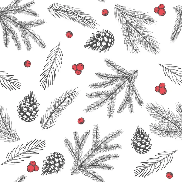 Illustrazione vettoriale di Natale vintage. Modello senza cuciture con fiori e coni invernali disegnati a mano, albero di Natale. — Vettoriale Stock