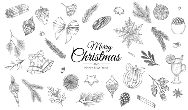 Σκίτσο διακόσμηση χριστουγεννιάτικο σετ. Χριστουγεννιάτικο χέρι ζωγραφισμένο vintage Holly, παιχνίδια, χειμερινό δέντρο, χειμωνιάτικα λουλούδια και κώνους — Διανυσματικό Αρχείο