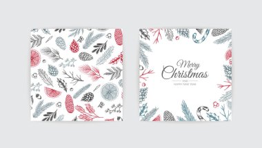 Kış bitkileriyle Noel çerçevesi. Botanik illüstrasyon.