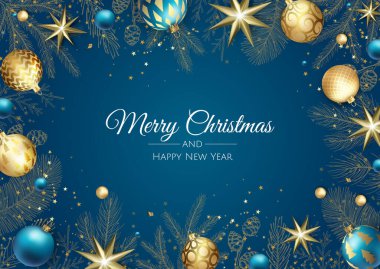 Mutlu Noeller ve mutlu yıllar. Yıldızlı Xmas arkaplanı, kar taneleri, yıldız ve top tasarımı.