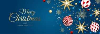Mutlu Noeller web pankartı, altın ve kırmızı Xmas topu. Davet veya mevsimlik selamlama için arkaplan.
