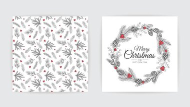 Yeni yıl tebrik kartı tasarımı ve noel ağacı. El çizimi tasarım vektör çizimi.