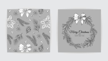 Noel tebrik kartı ve yeni yıl ağacı. Vektör tatil illüstrasyonu.