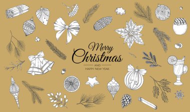 El çizimi Noel süslemeleri. Tebrik kartları, davetiyeler, posterler, el ilanları için şablon.
