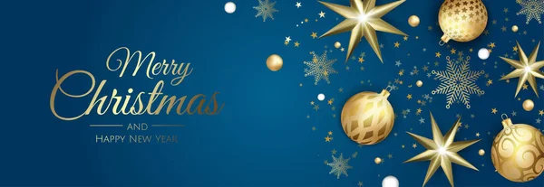 Veselé Vánoce a šťastný Nový rok Dovolená bílý prapor ilustrace. Vánoční design s realistickými vektorovými 3D objekty, zlatá vánoční koule, sněhová vločka, třpytivé zlaté konfety. — Stockový vektor