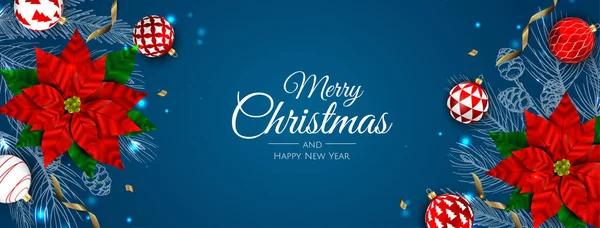 Καλά Χριστούγεννα και Καλή Χρονιά. Xmas φόντο με poinsettia, νιφάδες χιονιού, αστέρι και μπάλες σχεδιασμό. — Διανυσματικό Αρχείο