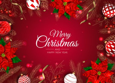 Mutlu Noeller ve mutlu yıllar. Noktalı Xmas arkaplanı, kar taneleri, yıldız ve top tasarımı.