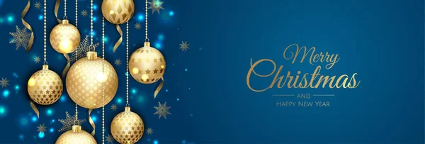 Καλά Χριστούγεννα web banner, χρυσό και κόκκινο Χριστούγεννα μπάλα. Ιστορικό των προσκλήσεων ή των εποχών. — Διανυσματικό Αρχείο