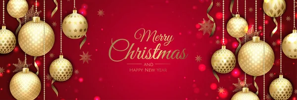 Merry Christmas web banner, gold and red Xmas ball. Предпосылки для приветствия по приглашениям или сезонам. — стоковый вектор