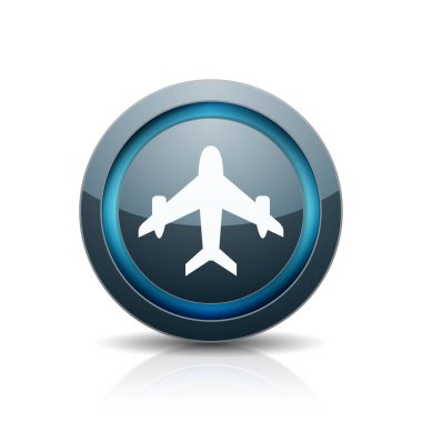 Internet yuvarlak beyaz arka plan üzerinde uçak işareti olan düğme