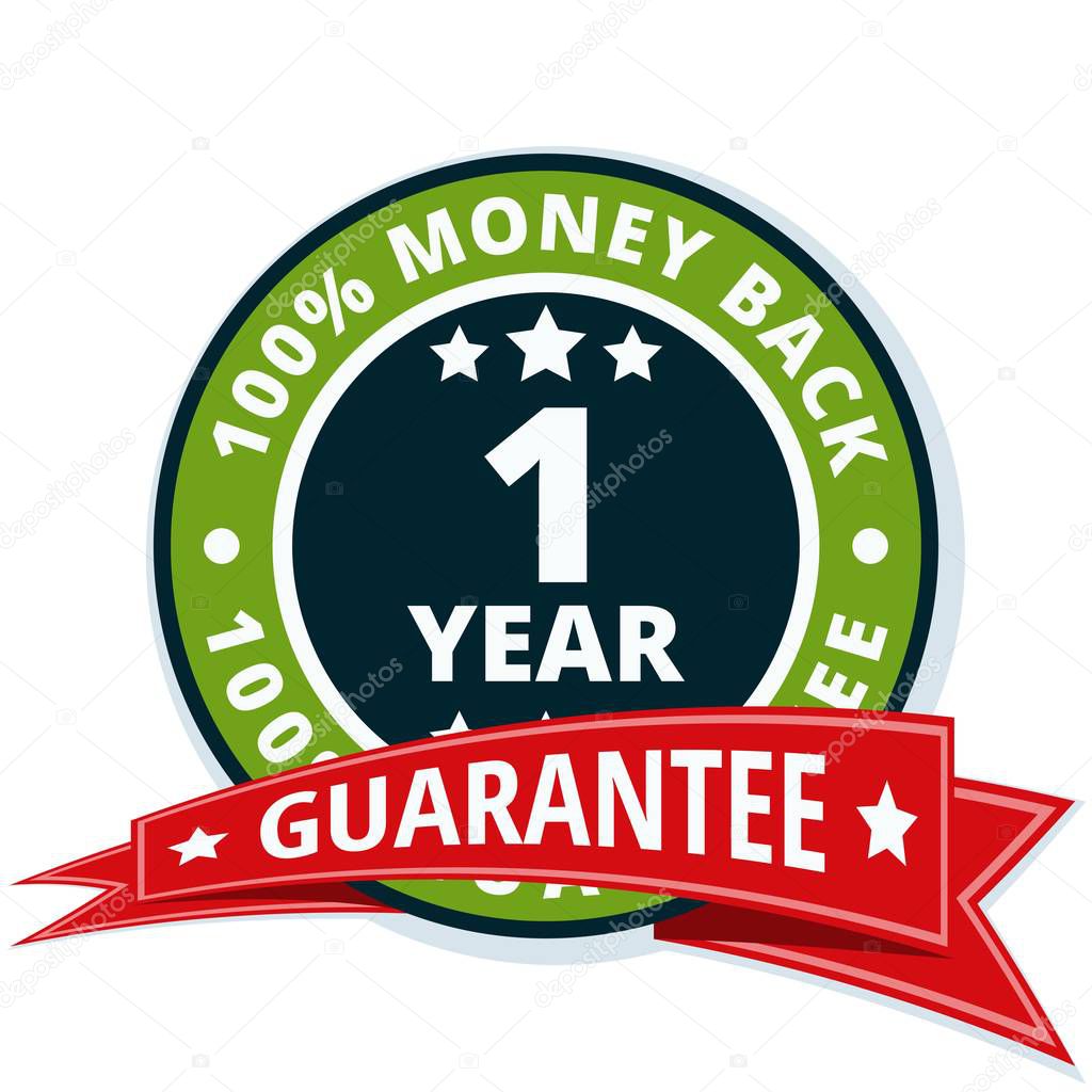 one year money back guarantee icon with red ribbon, vector illustration     