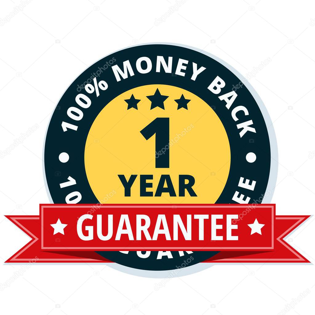 one year money back guarantee icon with red ribbon, vector illustration     