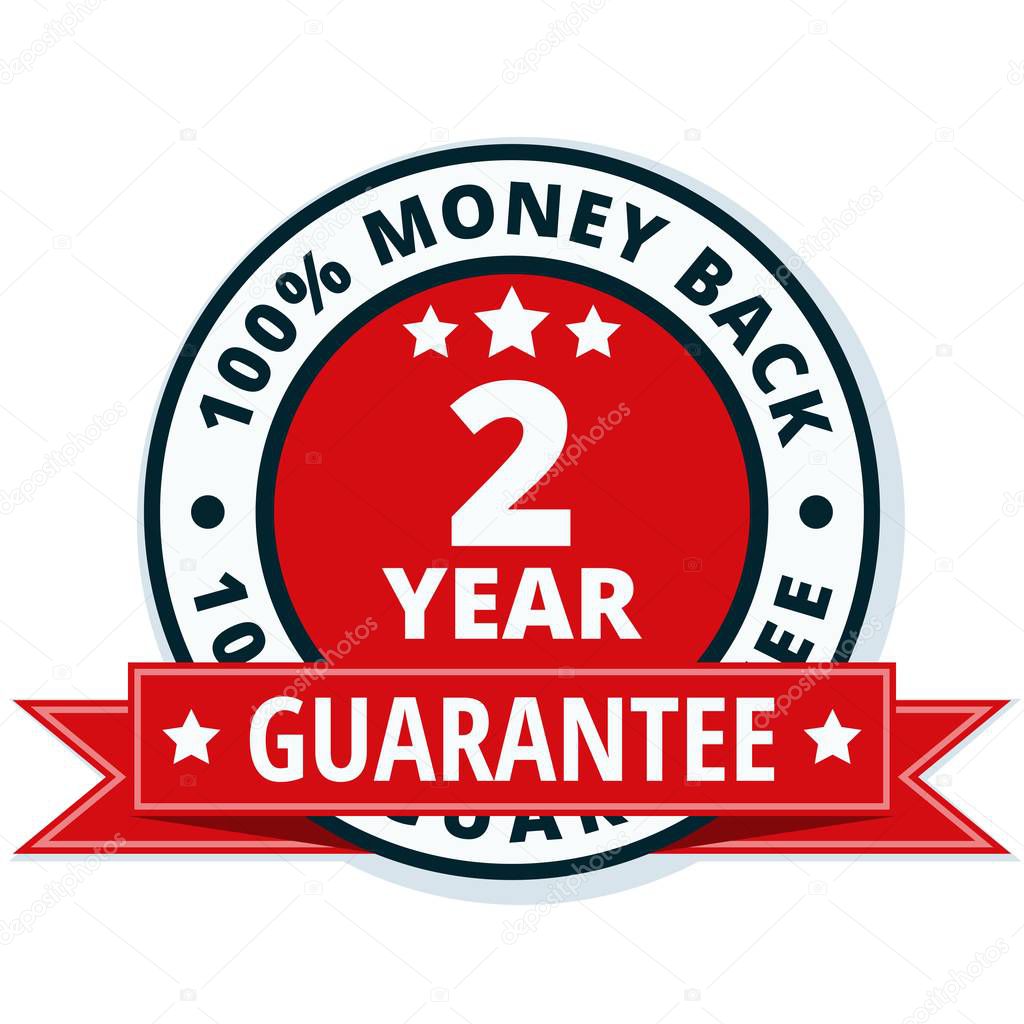 two year money back guarantee icon with red ribbon, vector illustration     