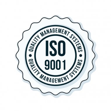Iso 9001 kalite yönetim sistemleri etiketi, vektör, illüstrasyon