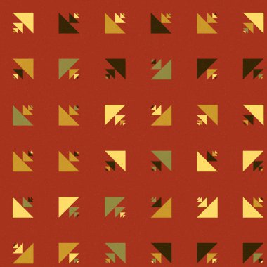 Renkli üçgenlerden yapılmış yerli görünümlü şekillerin vektör şablonu. Basit arkaplanı olan üretken sanat  