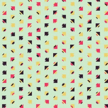 Renkli üçgenlerden yapılmış yerli görünümlü şekillerin vektör şablonu. Basit arkaplanı olan üretken sanat  