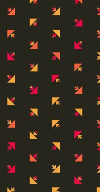 Renkli üçgenlerden yapılmış yerli görünümlü şekillerin vektör şablonu. Basit arkaplanı olan üretken sanat  