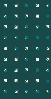 Renkli üçgenlerden yapılmış yerli görünümlü şekillerin vektör şablonu. Basit arkaplanı olan üretken sanat  