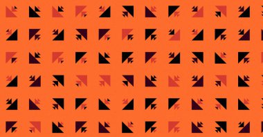 Renkli üçgenlerden yapılmış yerli görünümlü şekillerin vektör şablonu. Basit arkaplanı olan üretken sanat  