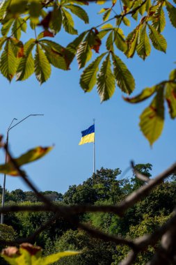 Ukrayna, Kyiv - 14 Eylül 2020: Kyiv Dniper Nehri manzaralı Ukrayna bayrağını genişletti 