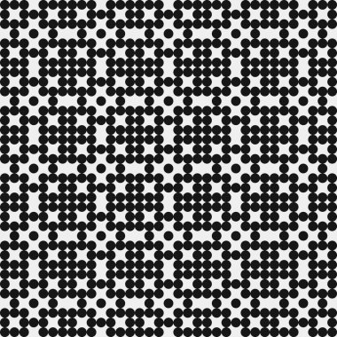 Siyah noktaların soyut desen süslemesi, daireler, beyaz arkaplanda, üretken hesaplama sanatı çizimi, simetrik, geometrik tek renkli arkaplan