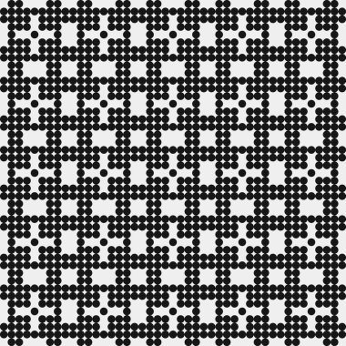 Siyah noktaların soyut desen süslemesi, daireler, beyaz arkaplanda, üretken hesaplama sanatı çizimi, simetrik, geometrik tek renkli arkaplan