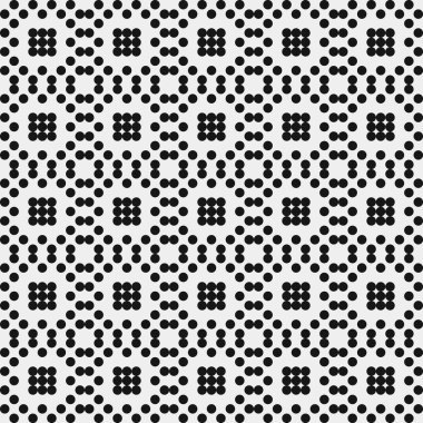 Siyah noktaların soyut desen süslemesi, daireler, beyaz arkaplanda, üretken hesaplama sanatı çizimi, simetrik, geometrik tek renkli arkaplan