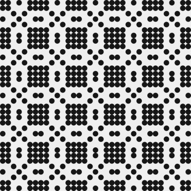 Siyah noktaların soyut desen süslemesi, daireler, beyaz arkaplanda, üretken hesaplama sanatı çizimi, simetrik, geometrik tek renkli arkaplan