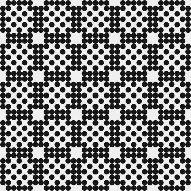 Siyah noktaların soyut desen süslemesi, daireler, beyaz arkaplanda, üretken hesaplama sanatı çizimi, simetrik, geometrik tek renkli arkaplan