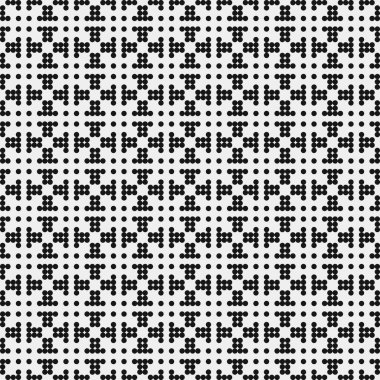 Beyaz arkaplanda siyah noktaların soyut desen süslemesi, üretken hesaplama sanatı çizimi, simetrik, geometrik, tek renkli arkaplan