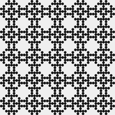 Siyah noktaların soyut desen süslemesi, daireler, beyaz arkaplanda, üretken hesaplama sanatı çizimi, simetrik, geometrik tek renkli arkaplan