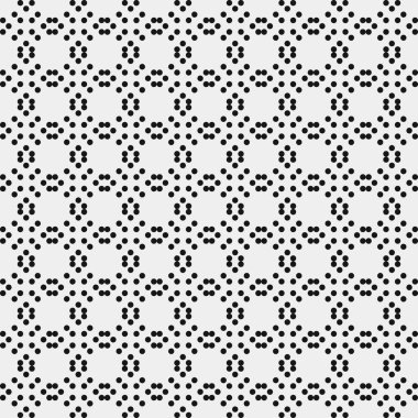 Siyah noktaların soyut desen süslemesi, daireler, beyaz arkaplanda, üretken hesaplama sanatı çizimi, simetrik, geometrik tek renkli arkaplan