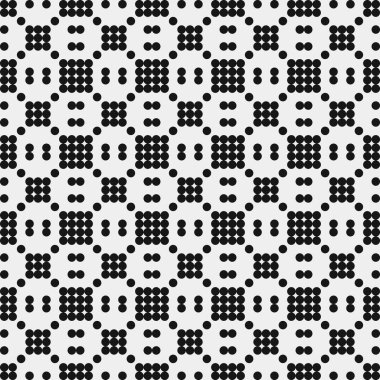 Siyah noktaların soyut desen süslemesi, daireler, beyaz arkaplanda, üretken hesaplama sanatı çizimi, simetrik, geometrik tek renkli arkaplan