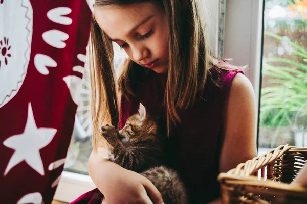 Years Little Girl Paying Kittens — Stock Photo, Image