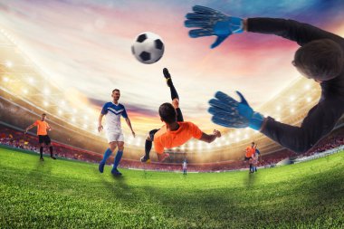 Futbol forvet bir akrobatik Bisiklet tekme ile topa vurur. 3D render