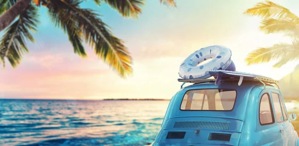 Start summertime vacation with an old car on the beach. 3D Rendering — Stock Photo, Image