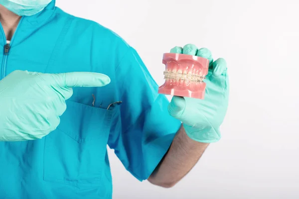 Dentist shows how to apply a brace — Stock Photo, Image