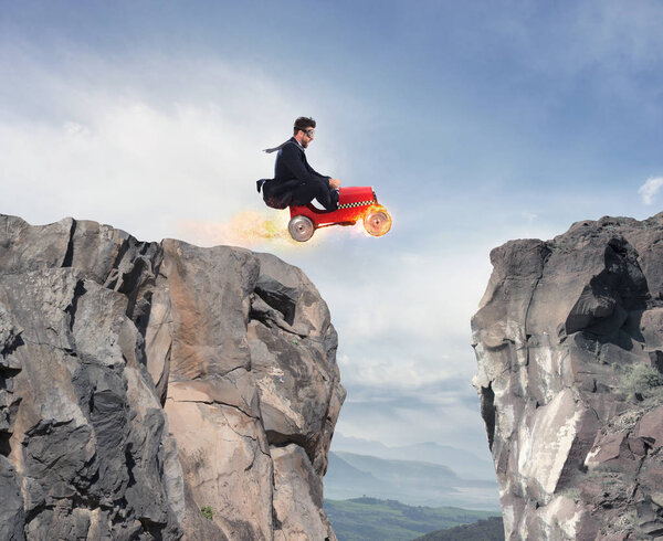 Fast businessman with a car wins against the competitors. Concept of success and competition