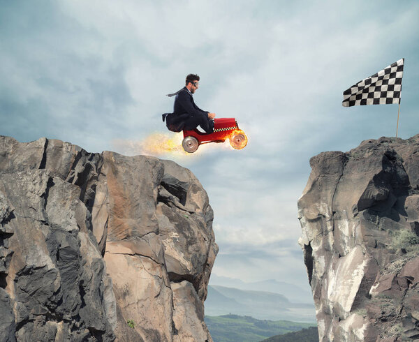 Fast businessman with a car wins against the competitors. Concept of success and competition