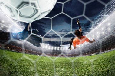 Futbol forvet bir akrobatik Bisiklet tekme ile topa vurur. 3D render