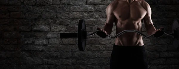 Atletický muž školení biceps v tělocvičně. Chcete-li použít jako banner — Stock fotografie