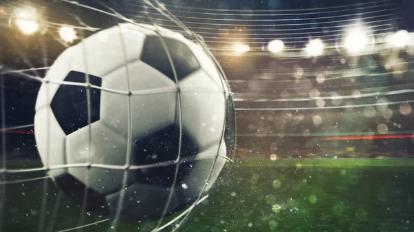 Il pallone da calcio segna un gol in rete. Rendering 3D — Foto Stock