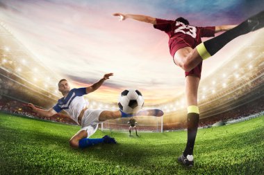 Soccer striker hits the ball with an acrobatic kick. 3D Rendering clipart
