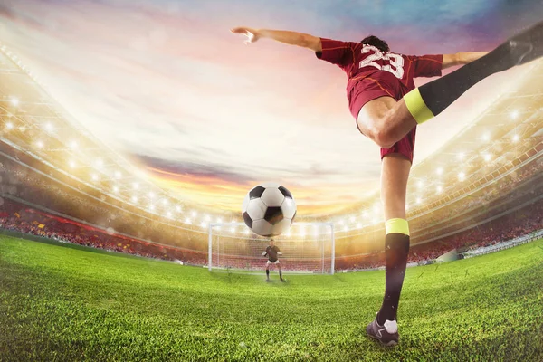 Fotboll anfallare träffar bollen med en akrobatisk kick. 3D-rendering — Stockfoto