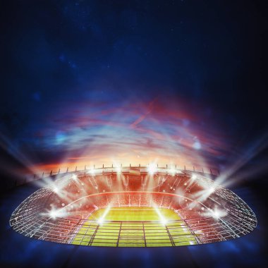 Üstten görünüm bir futbol stadyumu ışıkları ile gece. 3D render