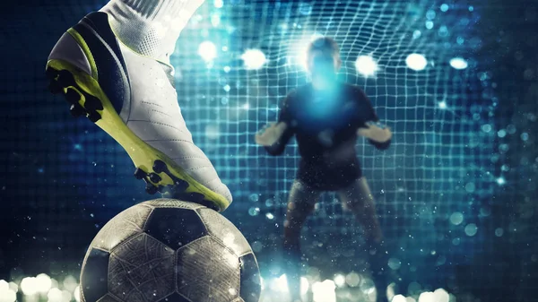 Zár-megjelöl-ból kész-Kicks soccer csatár a labdát a labdarúgás cél — Stock Fotó