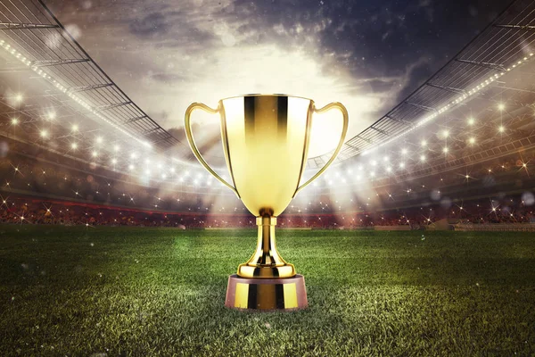 Gouden winnaar s cup in het midden van een stadion vol met publiek — Stockfoto